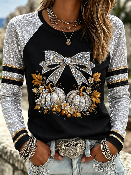 Casual Pumpkin Pattern Crew Neck Long Sleeve Sweatshirt
