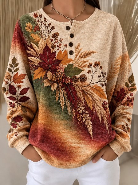 Casual Maple Leaf Henley Collar Long Sleeve Sweatshirt