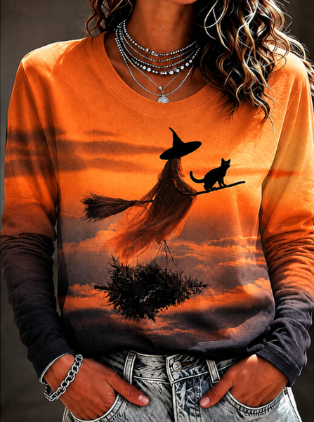 Casual Cat Crew Neck Long Sleeve T-shirt
