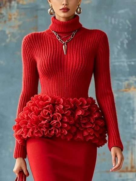 Elegant Plain Split Joint Turtleneck Sweater