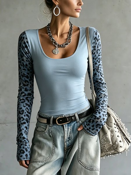 Casual Leopard Printing U-Neck T-shirt 1 Casual Leopard Printing U-Neck T-shirt
