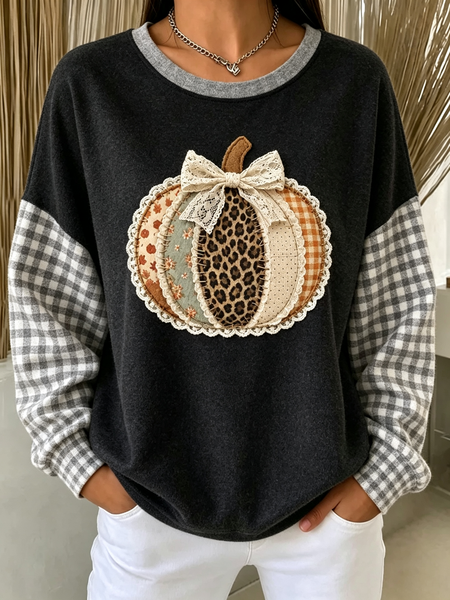 Women Plaid Crew Neck Casual Spring/Fall Long Sleeve Sweatshirt