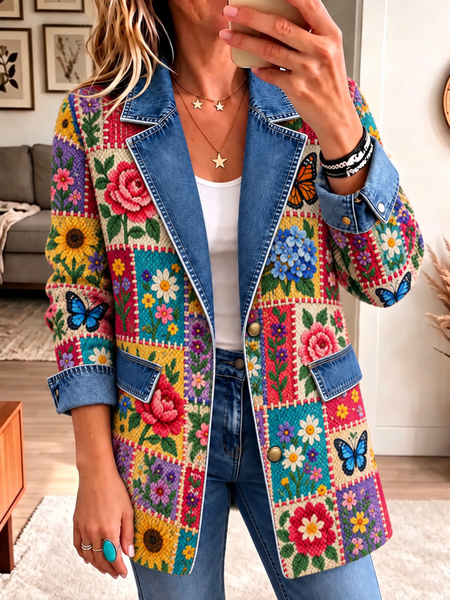 Women Floral Long Sleeve Lapel Collar Vintage Spring/Fall Jacket Outerwear