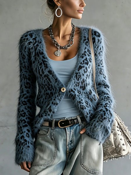 Casual Leopard Buttoned V Neck Sweater Cardigan