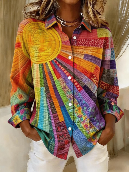 Women Geometric Vintage Shirt Shawl Collar Long Sleeve Top