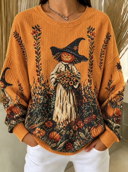 Women Pumpkin Pattern Crew Neck Casual Spring/Fall Long Sleeve Sweatshirt