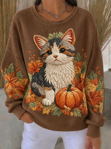 Casual Cat Crew Neck Long Sleeve Sweatshirt