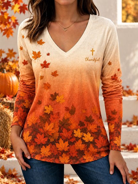 Women Maple Leaf Long Sleeve Tee T-shirt V Neck Vintage Spring/Fall Top