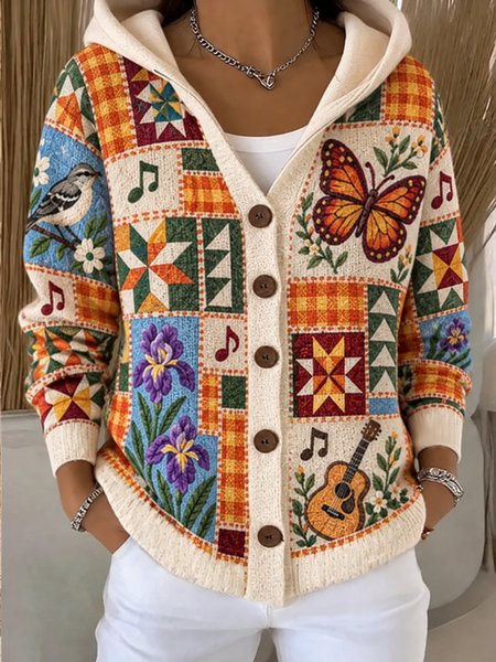 Women Geometric Long Sleeve Hoodie Casual Spring/Fall Cardigan Outerwear
