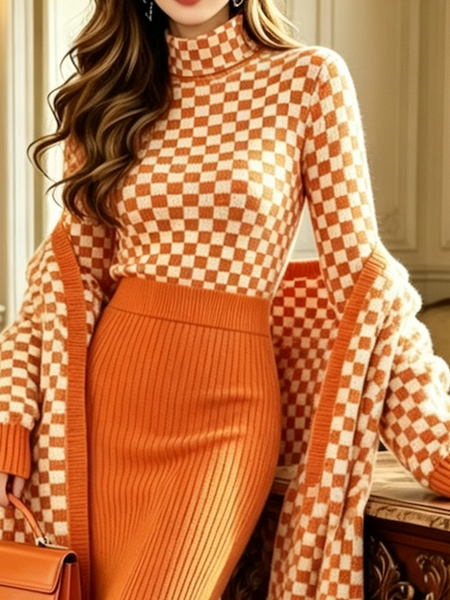 High Elasticity Urban Plaid Mock Neck Sweater