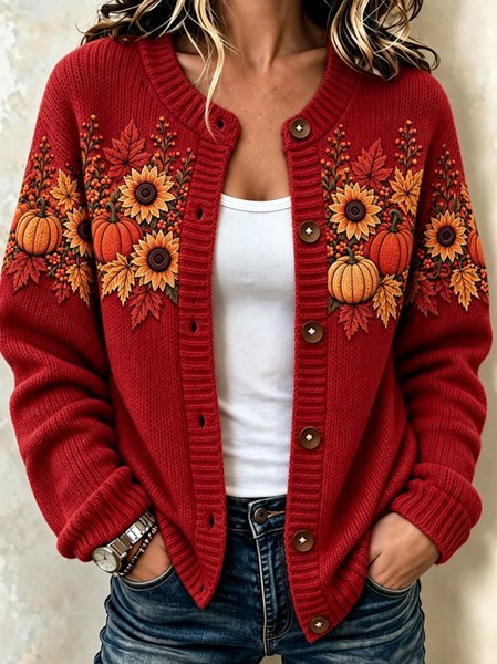 Women Maple Leaf Long Sleeve Crew Neck Casual Spring/Fall Cardigan Outerwear