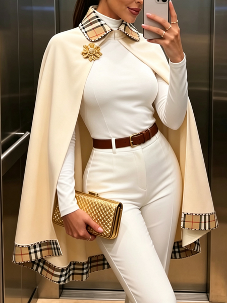 Urban Color Block Shirt Collar Mid-long Cloak Brooch Not Included