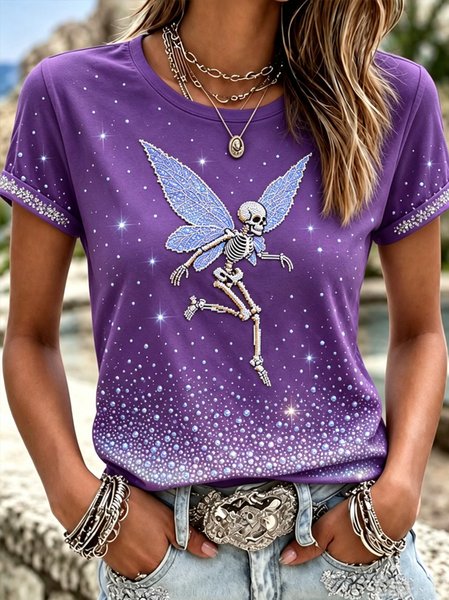 Women Skull Short Sleeve Tee T-shirt Crew Neck Casual Summer Top