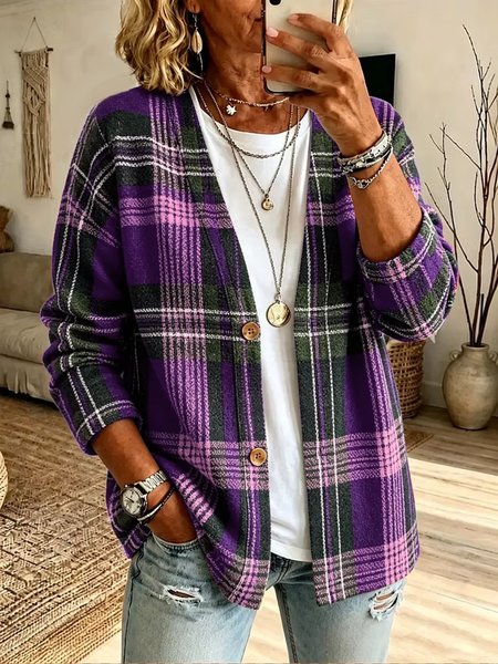 Women Plaid Printing Long Sleeve Casual Spring/Fall Jacket Outerwear