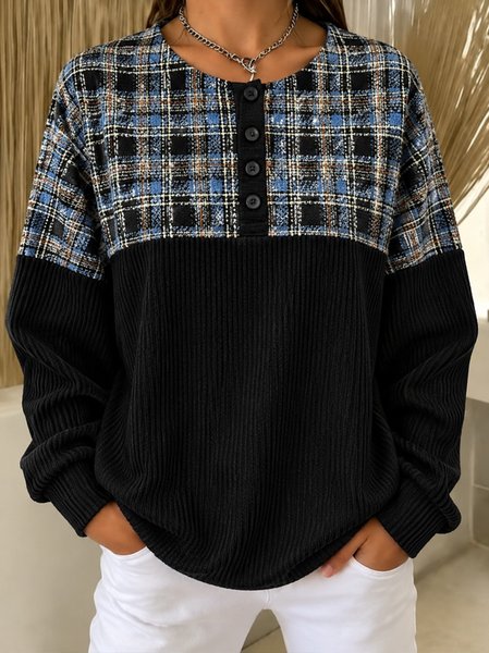 Casual Plaid Henley Collar Long Sleeve Sweatshirt