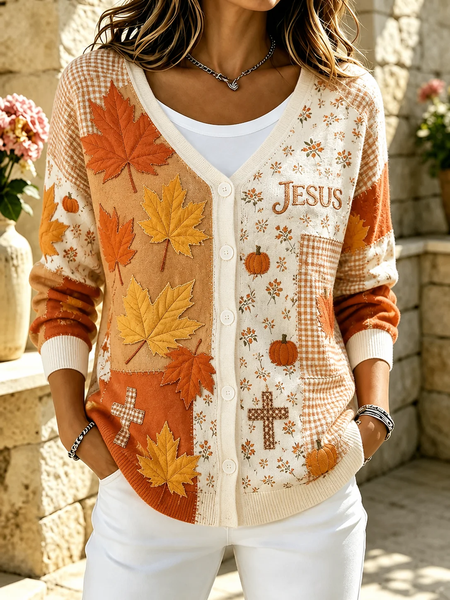 Women Maple Leaf Long Sleeve V Neck Casual Spring/Fall Cardigan Outerwear