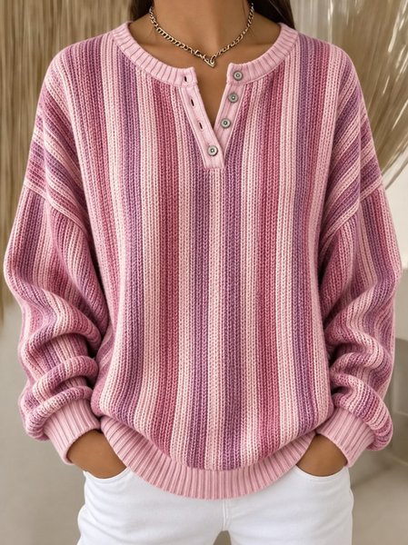 Women Striped Henley Collar Casual Spring/Fall Long Sleeve Sweatshirt