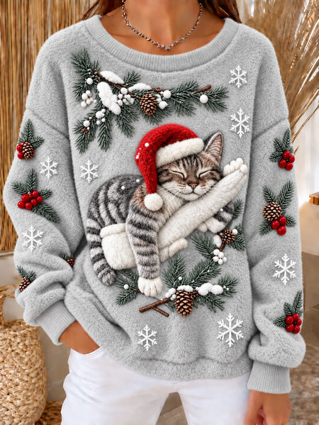 Women Cat Crew Neck Printing Casual Spring/Fall Long Sleeve Sweatshirt