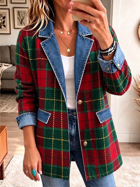 Women Plaid Long Sleeve Lapel Collar Vintage Spring/Fall Jacket Outerwear