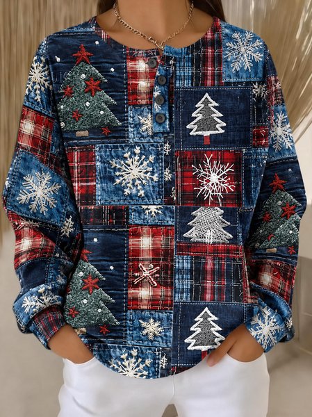 Women Snowflake Henley Collar Casual Spring/Fall Long Sleeve Sweatshirt