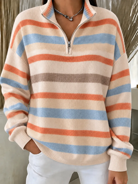 Women Striped Stand Collar Printing Casual Spring/Fall Long Sleeve Sweatshirt