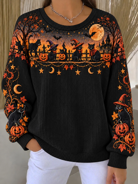 Casual Cat Crew Neck Long Sleeve Sweatshirt