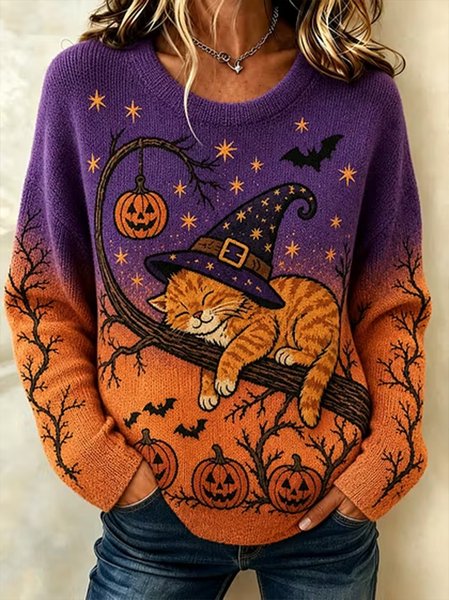 Women Cat Crew Neck Casual Spring/Fall Long Sleeve Sweatshirt