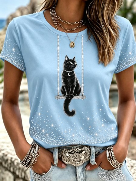 Women Cat Short Sleeve Tee T-shirt Crew Neck Casual Summer Top