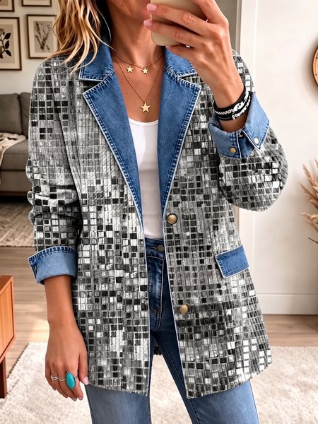 Women Abstract Graphic Long Sleeve Lapel Collar Vintage Spring/Fall Jacket Outerwear