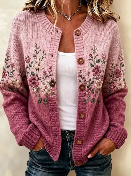 Women Floral Long Sleeve Crew Neck Casual Spring/Fall Cardigan Outerwear