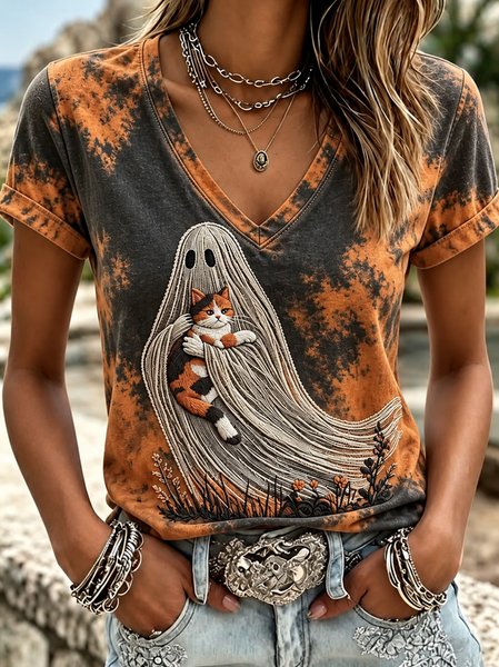 Women Cat Short Sleeve Tee T-shirt V Neck Casual Summer Top