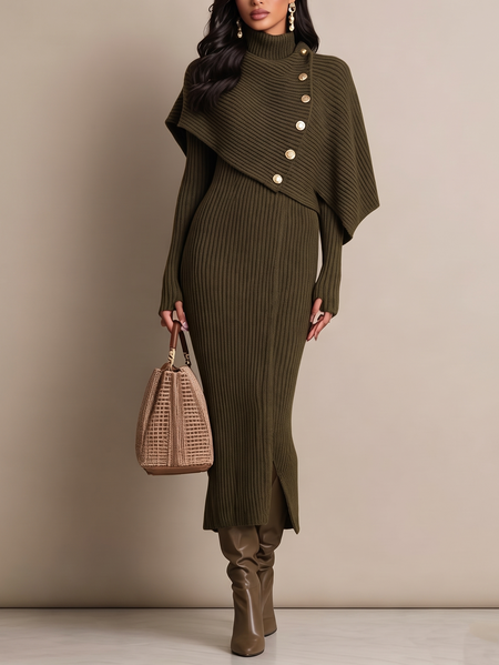 Casual Plain Metal Turtleneck Maxi Dress