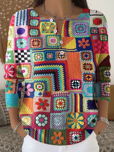 Women Abstract Graphic Long Sleeve Tee T-shirt Henley Collar Vintage Spring/Fall Top