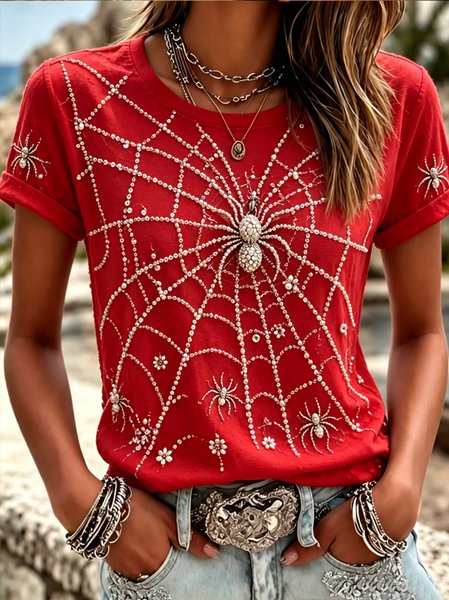 Women Spider Web Pattern Short Sleeve Tee T-shirt Crew Neck Casual Summer Top