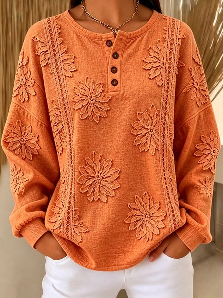 Women Floral Henley Collar Casual Spring/Fall Long Sleeve Sweatshirt