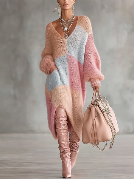 Casual Color Block V-Neck Loose Long Sleeve Knit Midi Sweater Dress