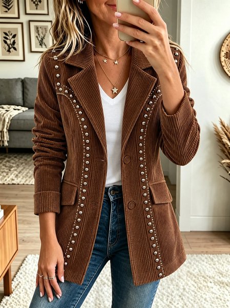 Women Geometric Long Sleeve Lapel Collar Vintage Spring/Fall Jacket Outerwear