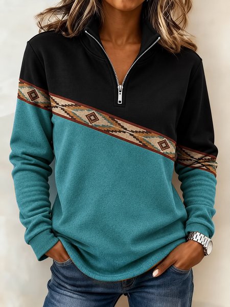 Women Color Block Half Open Collar Casual Spring/Fall Long Sleeve Sweatshirt