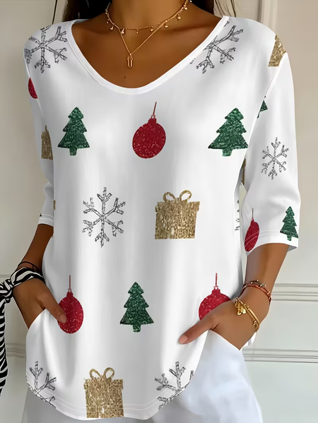Women Christmas Three Quarter Sleeve Tee T-shirt V Neck Printing Casual Graphic Tee Spring/Fall Top