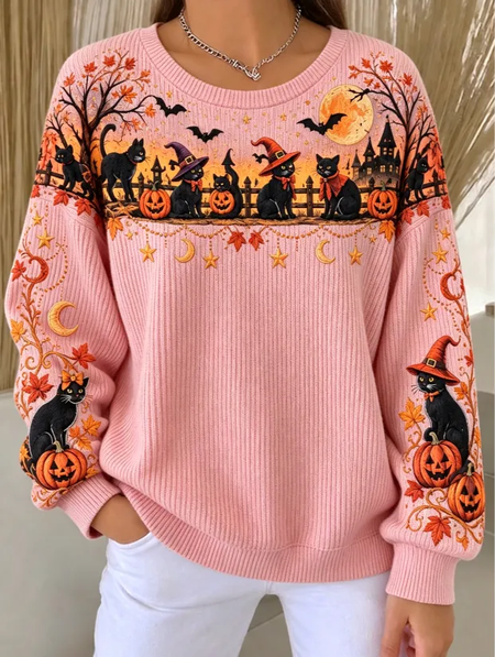 Women Cat Crew Neck Printing Casual Spring/Fall Long Sleeve Sweatshirt