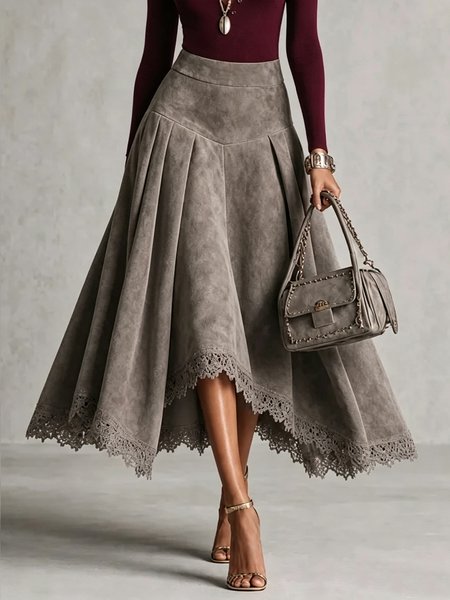 Urban Lace Edge Plain Midi Faux Leather Skirt