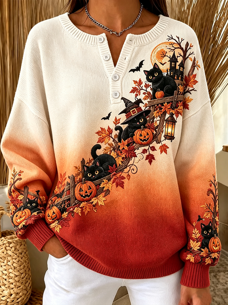 Women Cat Crew Neck Printing Casual Spring/Fall Long Sleeve Sweatshirt