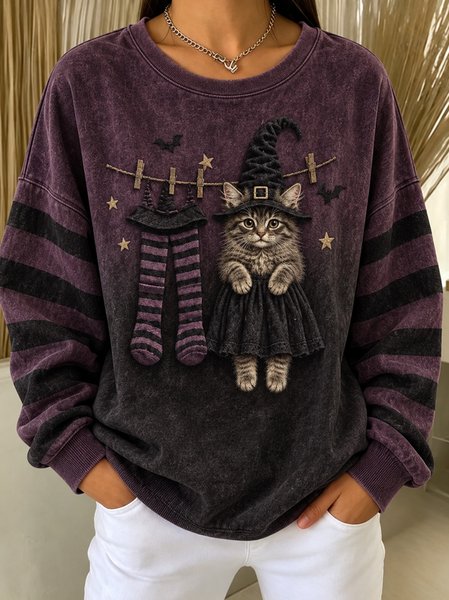 Casual Cat Crew Neck Long Sleeve Sweatshirt