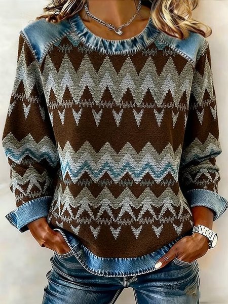 Women Color Block Crew Neck Printing Casual Spring/Fall Long Sleeve Sweatshirt