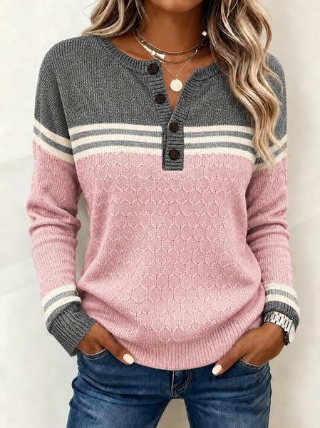 Casual Striped Henley Collar Long Sleeve T-shirt