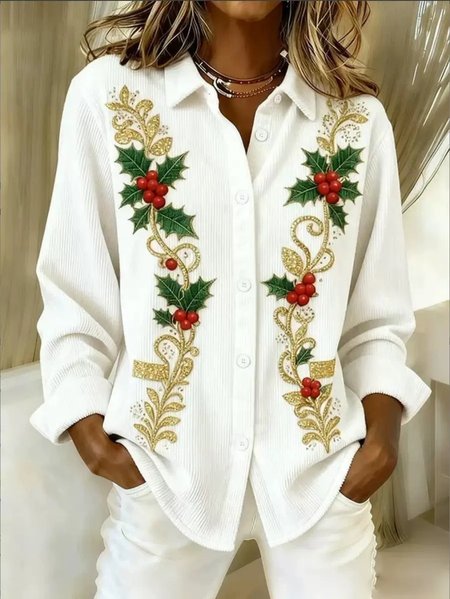Women Christmas Vintage Shirt Shirt Collar Long Sleeve Top