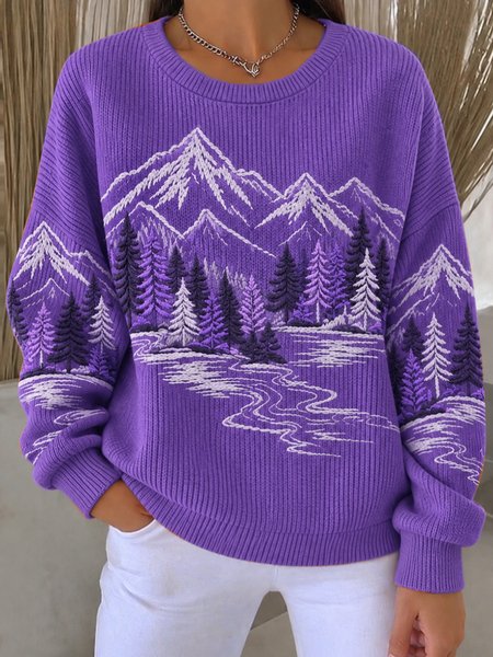 Casual Landscape Painting Crew Neck Long Sleeve Sweatshirt