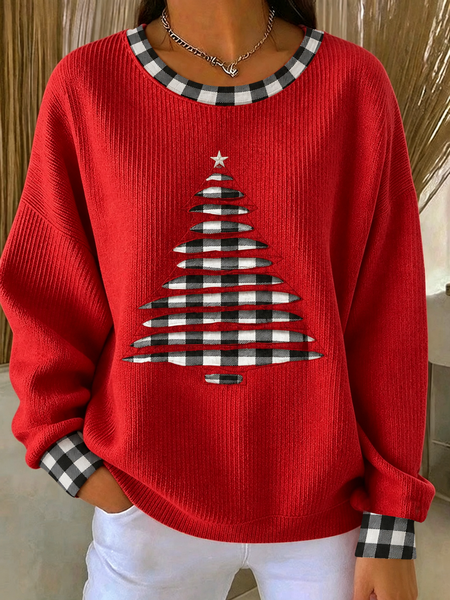 Women Plaid Crew Neck Printing Casual Spring/Fall Long Sleeve Sweatshirt