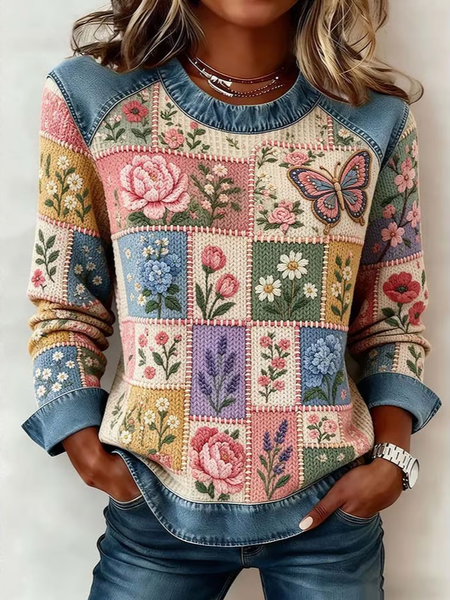 Women Floral Crew Neck Printing Vintage Spring/Fall Long Sleeve Sweatshirt
