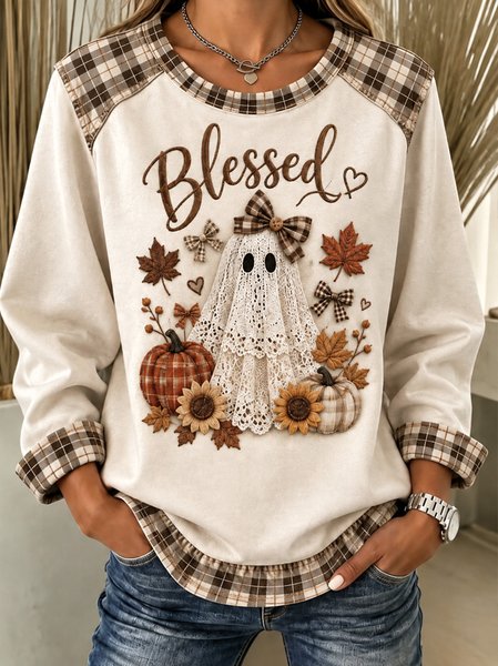 Women Plaid Crew Neck Casual Spring/Fall Long Sleeve Sweatshirt